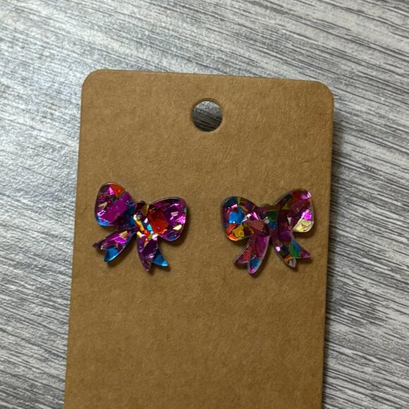 Rainbow Crystal Bow Stud Earrings – Multicolor Rhinestone Jewelry, Statement Acc - Picture 2 of 3